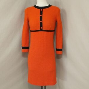 Vintage 60s Knit Sweater Dress Orange & Black Long Sleeve Bright Color USA Made